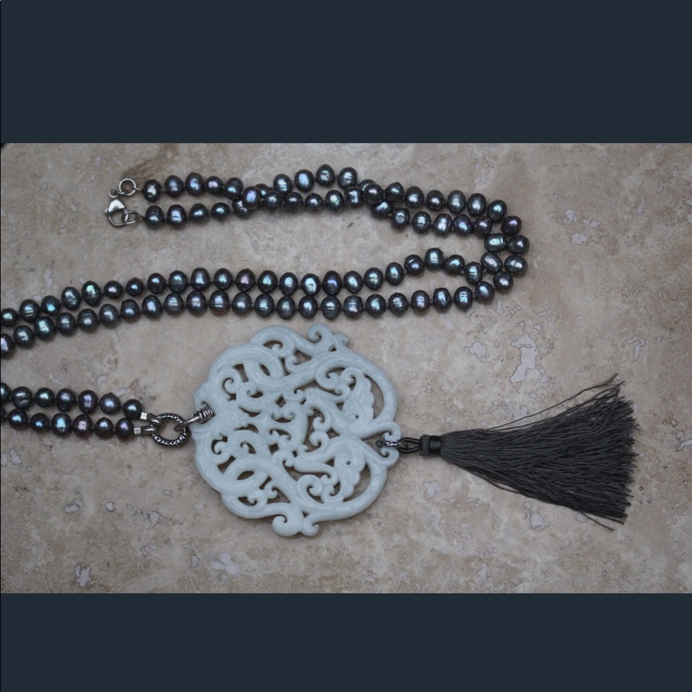 White Jade Pendant with Hand Knotted Pearls